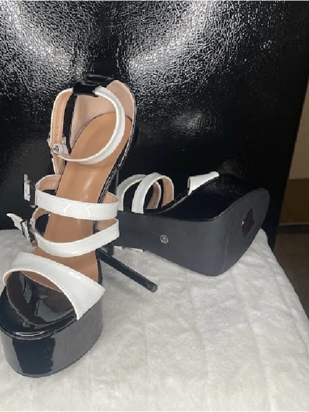 White and Black Platform Strappy High Heels - Women's Sandals
